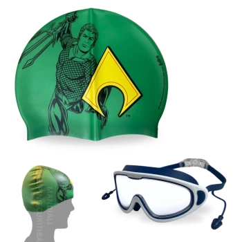 Kit Touca Infantil Personagem Aquaman Liga da Justia + Oculos de Natao com Protetor de Ouvido para Praia