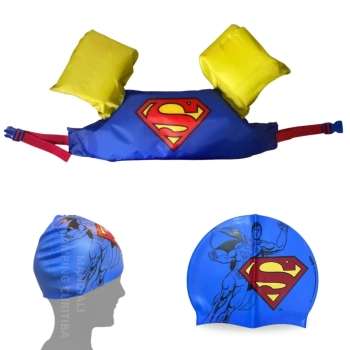 Kit Colete Infantil + Touca de Natao Personagem Super-homem Liga da Justia para Praia