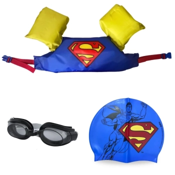 Kit Colete Infantil + Touca e culos de Natao Preto Personagem Super-homem Liga da Justia para Praia