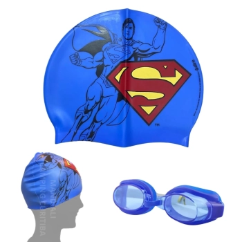 Kit Touca Infantil + Oculos de Natao Personagem Super-homem Liga da Justia para Praia