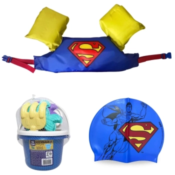 Kit Colete Infantil + Touca de Natao Personagem Super-homem + Baldinho para Praia