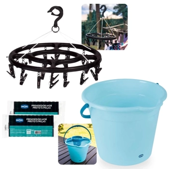 Kit Balde 12 Lts com Espremedor Removvel + Mini Varal de Roupas Intimas + 48 Prendedores Pretos