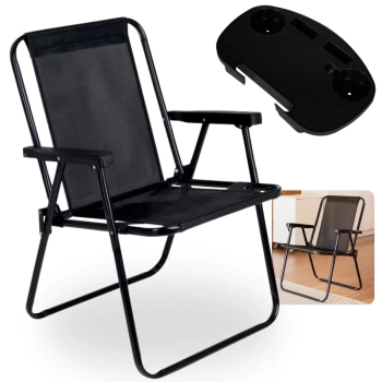 Kit Cadeira de Praia Alta Preta em Ao Mor + Mesa Porttil com Porta Copos para Casa, Jardim e Parque