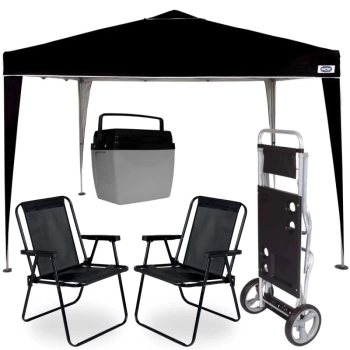 Kit Tenda Articulada 3x3 M + 2 Cadeiras Pretas + Caixa Termica 34 L + Carrinho com Avano
