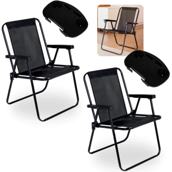 Kit 2 Cadeiras de Praia Alta Preta em Ao Mor + 2 Mesas com Porta Copos para Casa, Jardim e Parque