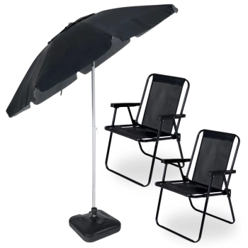 Kit 2 Cadeiras de Praia Pretas + Guarda Sol Articulado 2 Metros Preto + Base Plstica