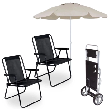 Kit 2 Cadeiras de Praia Pretas + Guarda Sol 2 Metros Bege + Carrinho com Avano