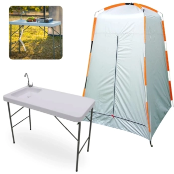 Kit Pia Lavatorio Porttil Mesa Dobravel Sink + Barraca Banheiro Portatil Trocador Pampa Ntk Camping