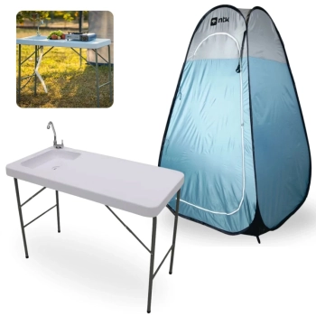 Kit Pia Lavatorio Porttil Mesa Dobravel Sink + Barraca Banheiro Portatil Trocador Pop Up Ntk Camping
