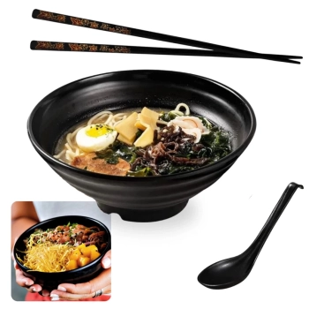 Kit Tigela Redonda 19 Cm em Melamina Preta + Colher + Par de Hashi Decorado