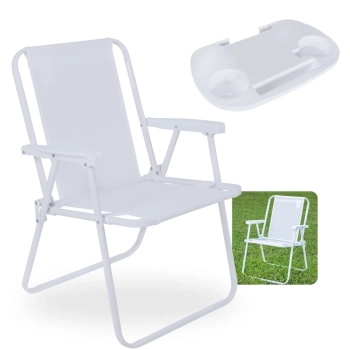Kit Cadeira de Praia Alta Branca Dobravel em Ao Suporta 110 Kg + Mesa Porttil Porta Copos