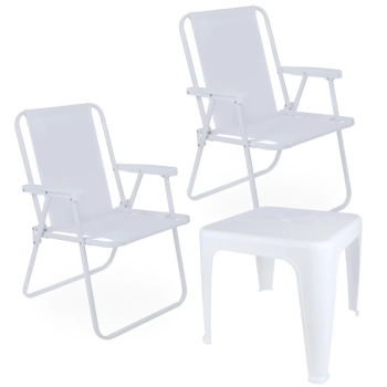 Kit 2 Cadeiras de Praia Brancas + Mesa de Apoio Pequena Branca Multiuso para Casa, Jardim, Varanda