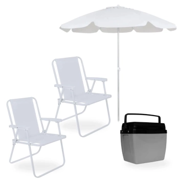Kit 2 Cadeiras de Praia Brancas + Guarda Sol 2 Mts Branco em Bagum + Caixa Termica 34 Lts