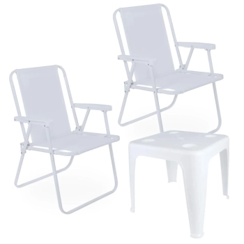 Kit 2 Cadeiras de Praia Brancas + Mesa de Apoio com Porta-copos Pequena Branca Multiuso para Casa, Jardim