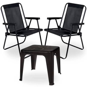 Kit 2 Cadeiras Pretas Dobrveis Suporta Ate 110kg + Mesa de Apoio Pequena para Jardim Varanda Decorao Casa