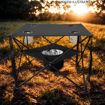 Mesa Dobrvel com Cooler Integrado Ultra Light Compacta Preta para Camping e Pesca