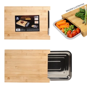 Kit Churrasqueira Porttil Braseiro 3 Espetos e 1 Grelha + Tbua de Carne Corte 40cm Bambu e Gaveta Inox