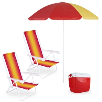 Kit 2 Cadeiras de Praia 4 Pos em Ao + Caixa Trmica Vermelha 18 L + Guarda Sol Colorido 1,50 M