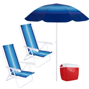 Kit 2 Cadeiras de Praia 4 Pos Ao + Caixa Trmica 18 L + Guarda Sol Colorido 1,50 M Piscina Parque