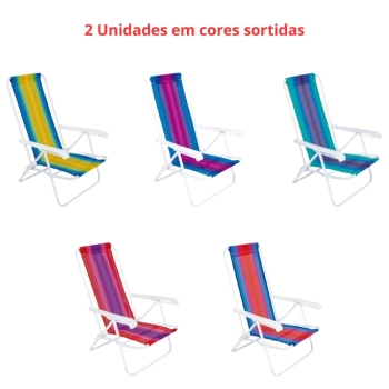 Kit 2 Cadeiras de Praia 4 Pos Ao + Caixa Trmica 18 L + Guarda Sol Colorido 1,50 M Piscina Parque