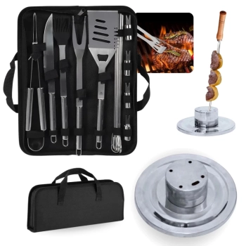 Kit para Churrasco 16 Peas em Inox Premium com Estojo + Suporte Espeto 5 Furos Mdf e Alumnio