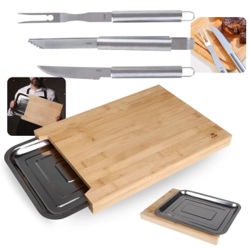Kit Churrasco Tbua de Carne Corte 40cm Bambu e Gaveta Inox + 3 Peas Faca Garfo e Pegador em Ao Inox