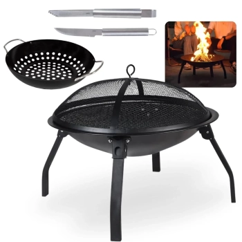 Kit Churrasco 2 Peas Inox Faca e Pegador + Frigideira para Grelhar + Churrasqueira Fogueira Brasa