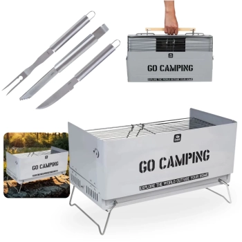 Kit Churrasco 3 Peas Faca Garfo e Pegador em Inox + Churrasqueira Porttil To Go Vira Maleta a Carvo