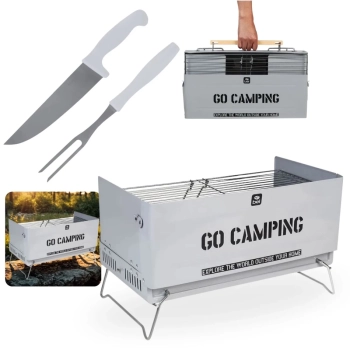 Kit Churrasco Faca de Corte + Garfo em Ao Inox + Churrasqueira Porttil To Go Vira Maleta a Carvo