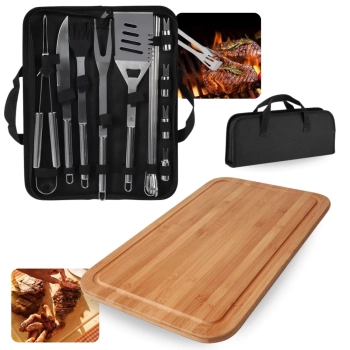 Kit para Churrasco 16 Peas em Inox Premium com Estojo + Tabua de Corte Carne em Bambu Retangular 50 Cm