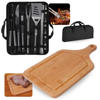 Kit para Churrasco 16 Peas em Inox Premium com Estojo + Tabua de Corte Carne em Bambu Retangular com Cabo 50 Cm