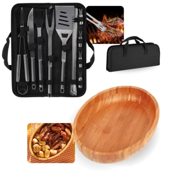 Kit para Churrasco 16 Peas em Inox Premium com Estojo + Gamela Bandeja em Bambu Oval 33 Cm