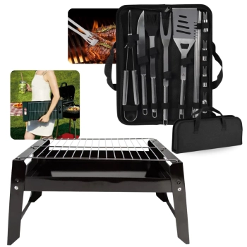 Kit para Churrasco 16 Peas em Inox Premium com Estojo + Churrasqueira Porttil Churras To Go Mor