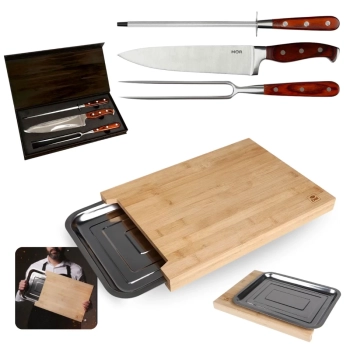 Kit Churrasco Tbua de Carne Corte 40cm Bambu e Gaveta Inox + 3 Peas Faca, Garfo e Afiador Mor