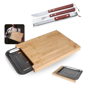 Kit Churrasco Tbua de Carne Corte 40cm Bambu e Gaveta Inox + Conjunto Fork Faca, Pegador e Garfo Ntk