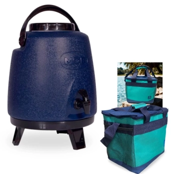 Kit Botijo Garrafa Trmica Grande 6l com Torneira Azul + Bolsa Termica Aruba 13,5l Praia Camping e Viagens