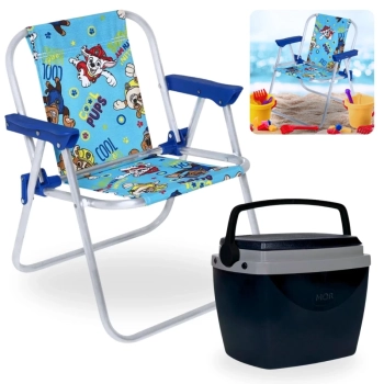 Kit Cadeira de Praia Infantil Azul Patrulha Canina + Caixa Termica Preta Pequena 6 L para Passeios Parque