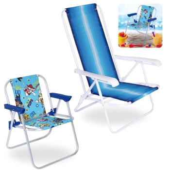 Kit Cadeira de Praia Infantil Azul Patrulha Canina + Cadeira de Praia Adulto 4 Posies em Ao Colorida