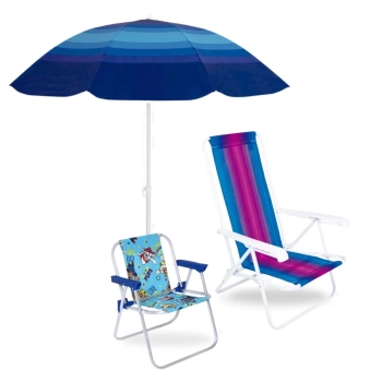 Kit Cadeira de Praia Infantil Patrulha Canina Azul + Cadeira de Praia Reclinvel+ Guarda Sol 1,50 M