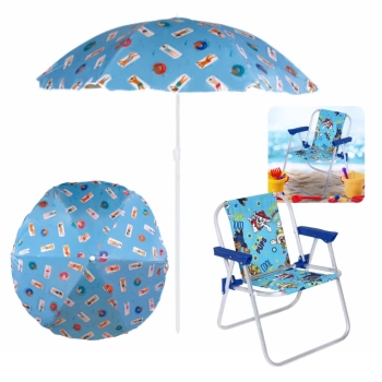 Kit Cadeira de Praia Infantil Azul Patrulha Canina em Aluminio + Guarda Sol Colorido 1,30m
