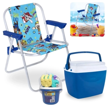 Kit Cadeira de Praia Infantil Azul Patrulha Canina + Caixa Termica 6 L Azul + Baldinho de Praia 8 Peas