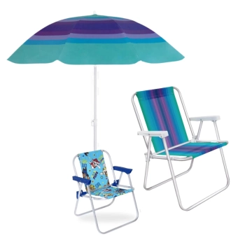 Kit Cadeira Praia Infantil Azul Patrulha Canina + Cadeira Alta Alumnio + Guarda Sol 1,50 M Piscina