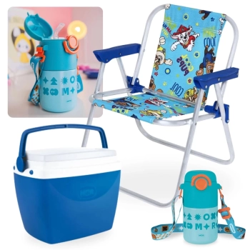 Kit Cadeira de Praia Infantil Azul Patrulha Canina + Caixa Trmica 6 Litros + Garrafinha Trmica 500ml