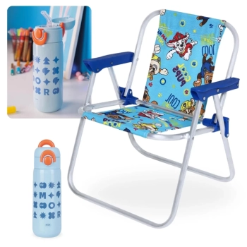 Kit Cadeira de Praia Infantil Azul Patrulha Canina + Garrafa Trmica 480ml em Inox Kids