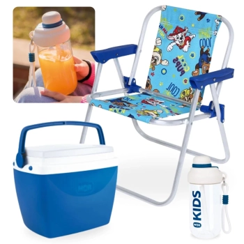 Kit Cadeira de Praia Infantil Azul Patrulha Canina + Cooler 6 Lts Azul + Garrafa 660ml Squeeze Azul