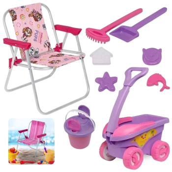 Kit Cadeira de Praia Infantil Rosa Patrulha Canina + Baldinho, Pazinha, Rastelo Brinquedos de Areia