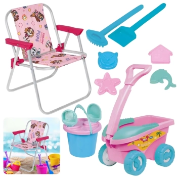 Kit Cadeira de Praia Infantil Rosa Patrulha Canina + Baldinho, Pazinha, Rastelo Brinquedos de Areia