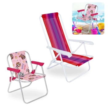 Kit Cadeira de Praia Infantil Patrulha Canina Rosa + Cadeira de Praia Adulto 4 Posies em Ao Colorida