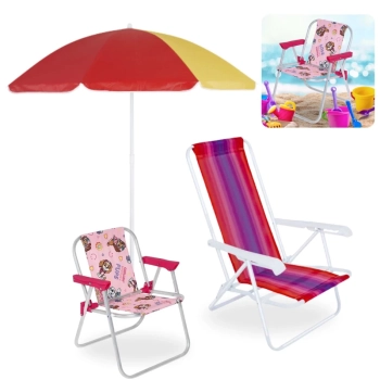 Kit Cadeira Infantil Rosa Patrulha Canina + Cadeira de Praia Adulto 4 Pos em Ao Colorida + Guarda Sol 1,50m