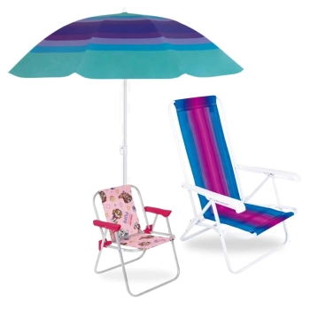 Kit Cadeira Infantil Rosa Patrulha Canina + Cadeira Praia Adulto 4 Pos Colorida + Guarda Sol 1,50m